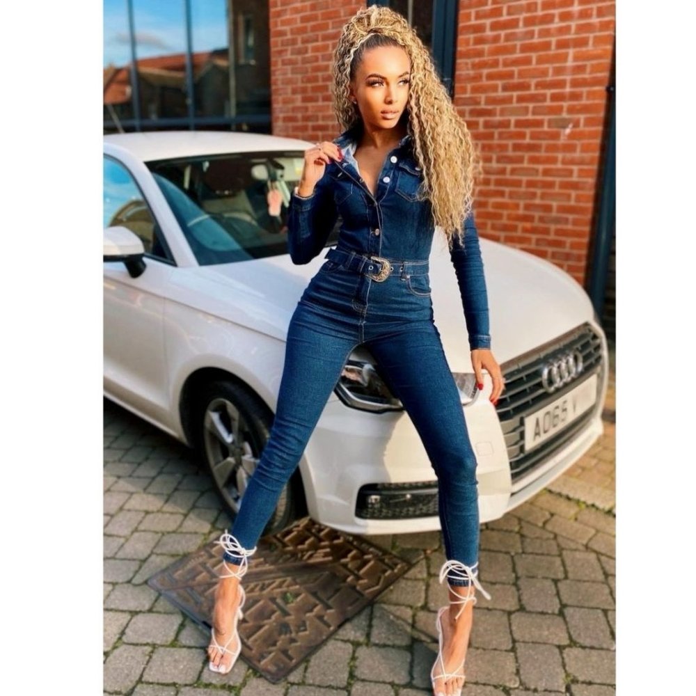 Blue Denim Jeans Long Sleeve Belted Bodycon Jumpsuit Playsuit - Picture 7 of 13